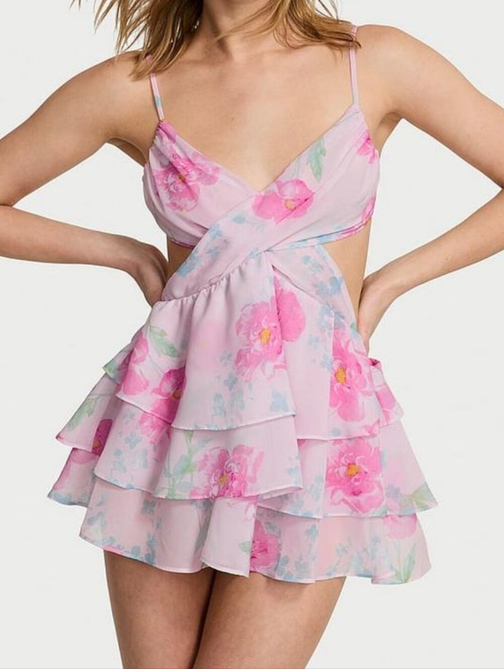 Victoria's secret chiffon ruffles floral babydoll top dress nightgown size M